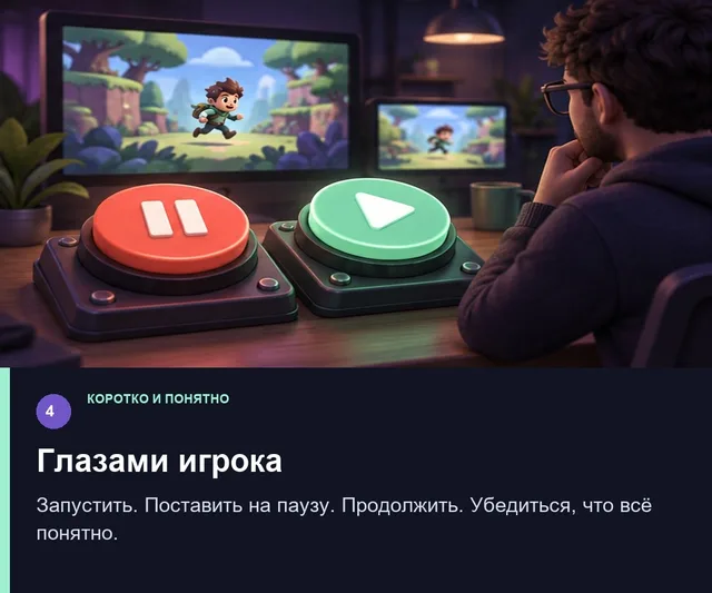 Глазами игрока. Запустить. Поставить на паузу. Продолжить. Убедиться, что всё понятно.