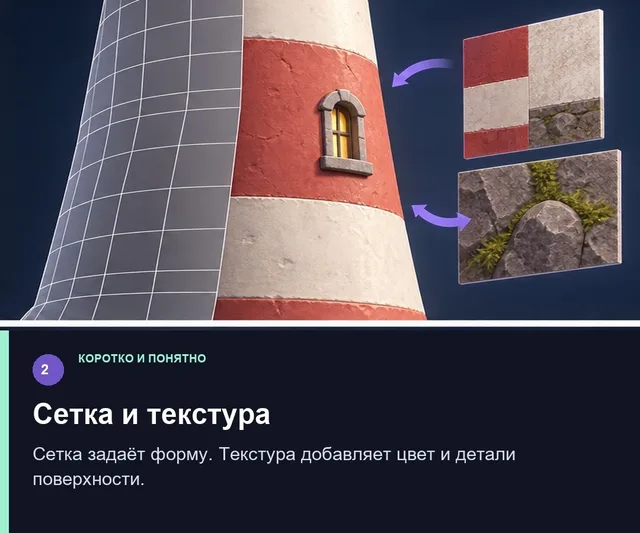 Сетка и текстура. Сетка задаёт форму. Текстура добавляет цвет и детали поверхности.