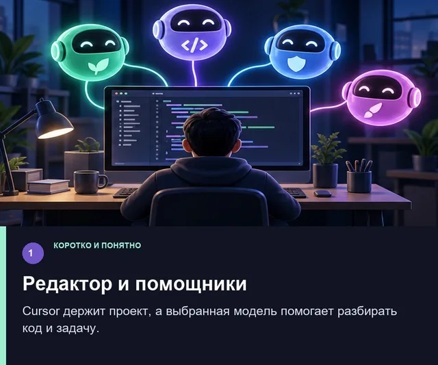 Редактор и помощники. Cursor держит проект, а выбранная модель помогает разбирать код и задачу.