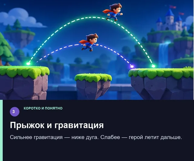 Прыжок и гравитация. Сильнее гравитация — ниже дуга. Слабее — герой летит дальше.