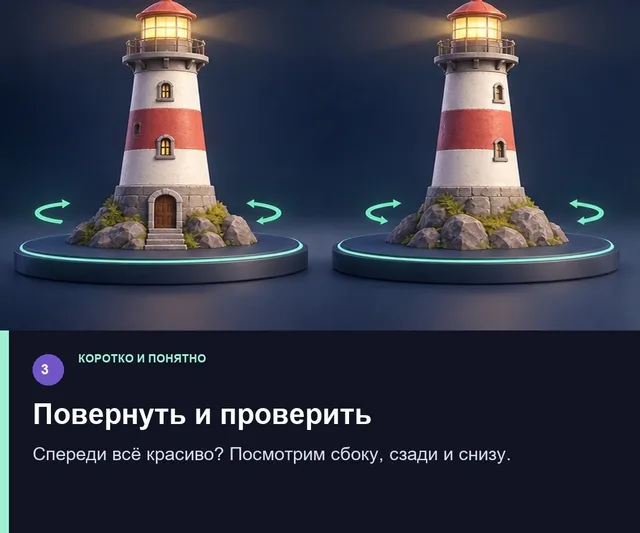 Повернуть и проверить. Спереди всё красиво? Посмотрим сбоку, сзади и снизу.
