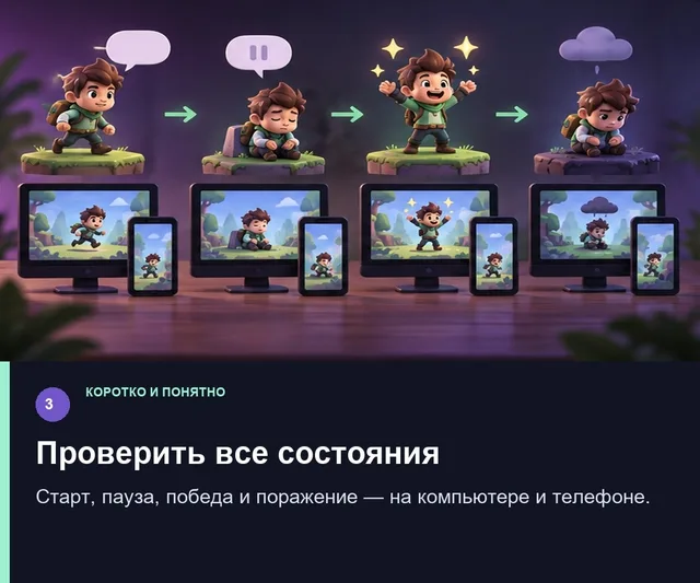 Проверить все состояния. Старт, пауза, победа и поражение — на компьютере и телефоне.