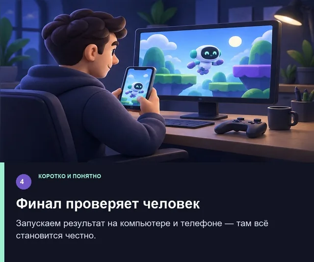 Финал проверяет человек. Запускаем результат на компьютере и телефоне — там всё становится честно.