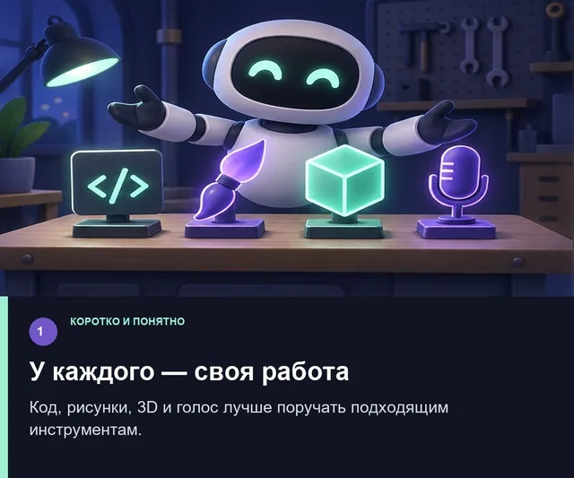 У каждого — своя работа. Код, рисунки, 3D и голос лучше поручать подходящим инструментам.