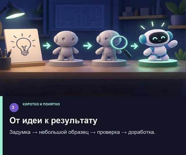 От идеи к результату. Задумка → небольшой образец → проверка → доработка.