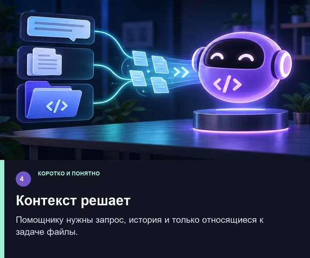 Контекст решает. Помощнику нужны запрос, история и только относящиеся к задаче файлы.