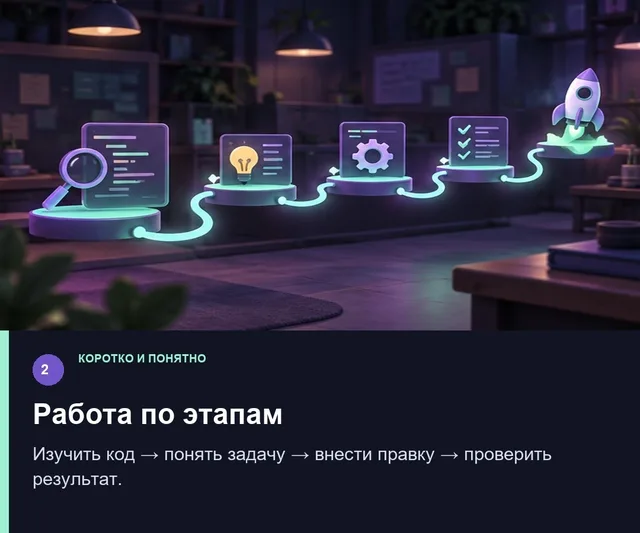 Работа по этапам. Изучить код → понять задачу → внести правку → проверить результат.