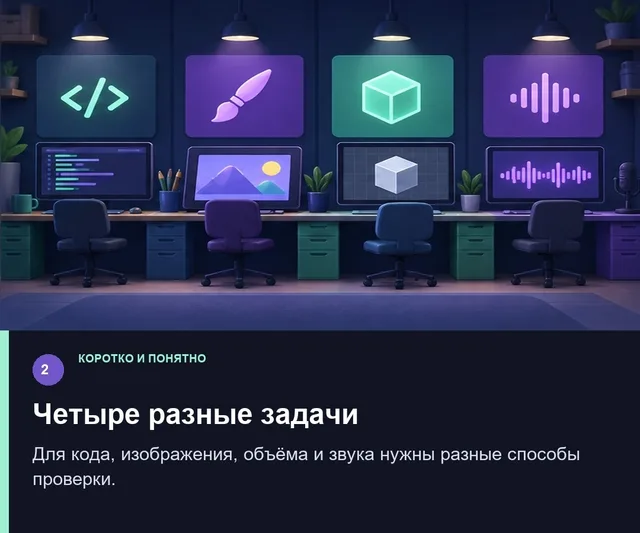 Четыре разные задачи. Для кода, изображения, объёма и звука нужны разные способы проверки.