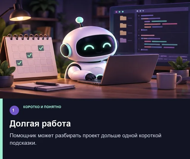 Долгая работа. Помощник может разбирать проект дольше одной короткой подсказки.