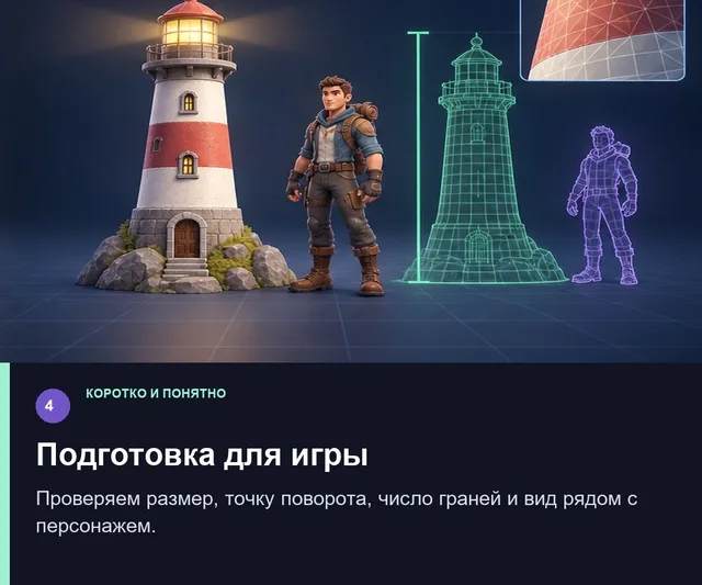 Подготовка для игры. Проверяем размер, точку поворота, число граней и вид рядом с персонажем.