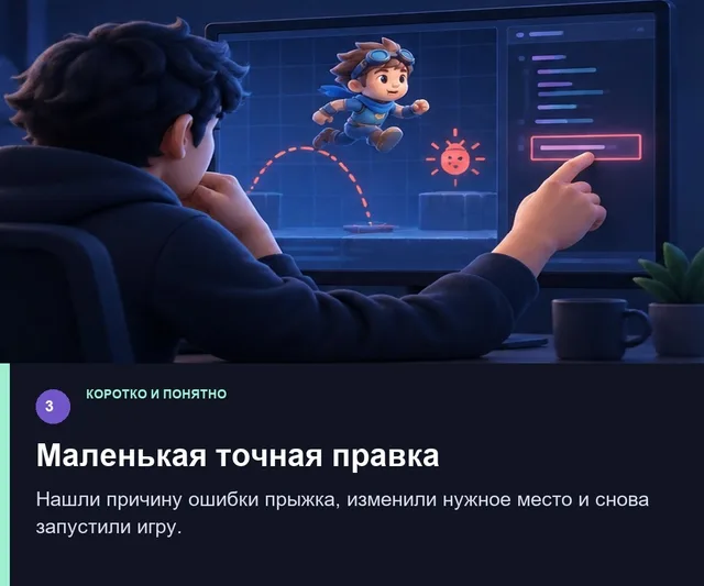 Маленькая точная правка. Нашли причину ошибки прыжка, изменили нужное место и снова запустили игру.