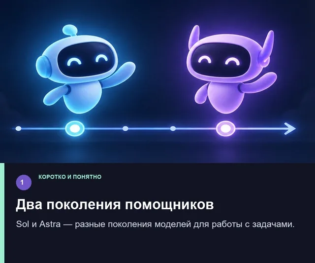 Два поколения помощников. Sol и Astra — разные поколения моделей для работы с задачами.